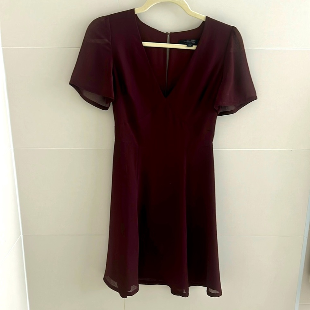All Saints Lucia Burgundy V-Neck Mini Dress